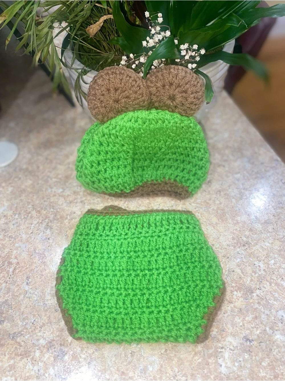 Handmade Green Crochet Baby Diaper Cover & Hat Set